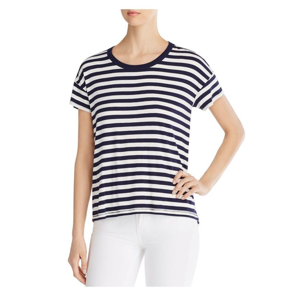 K & C Womens White Stretch Striped Short Sleeve Crew Neck Hi-Lo Top L